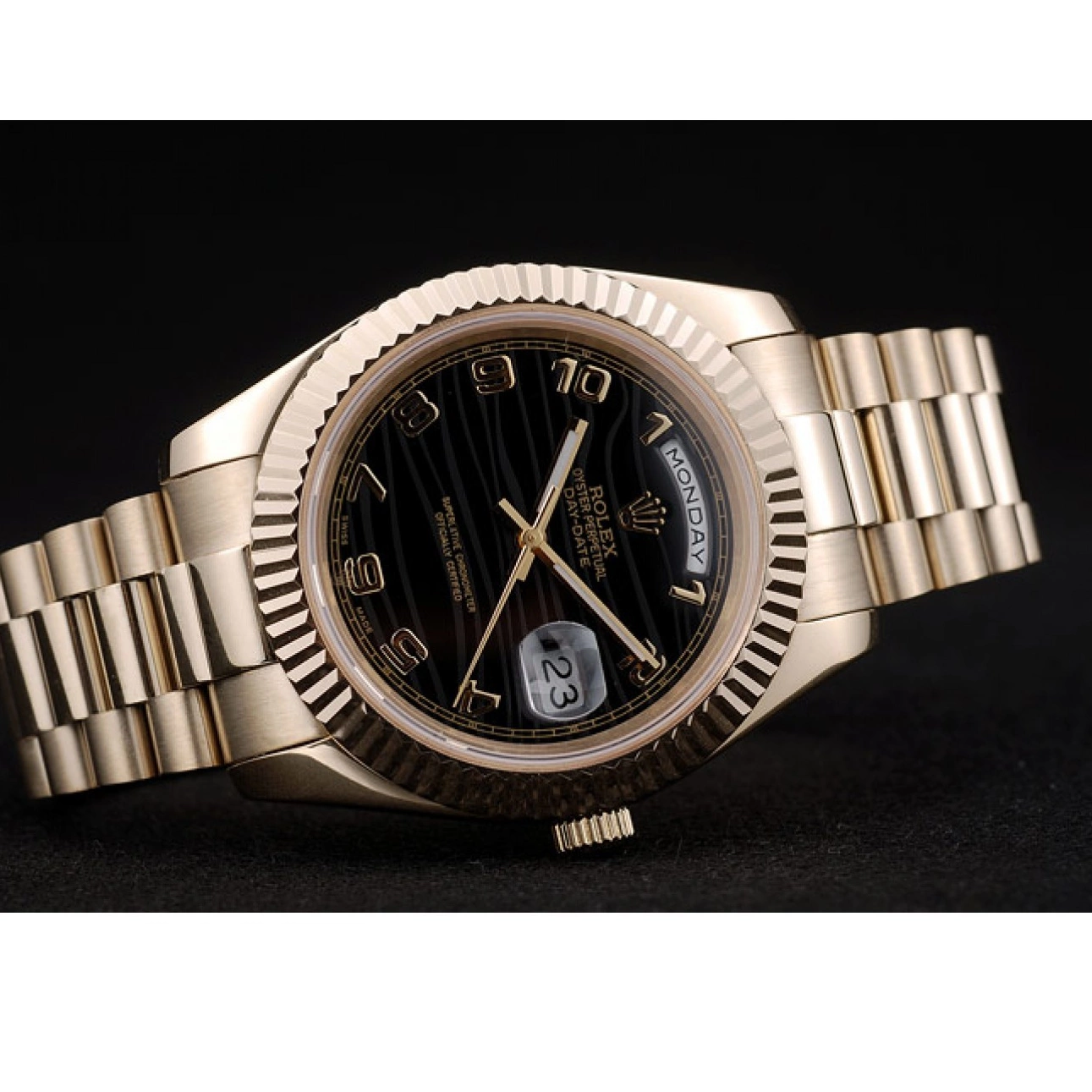 Aaa replica watch Steel Bezel Gold Swiss DayDate Stainless Dial Ribbed Rolex Black 41998 0726